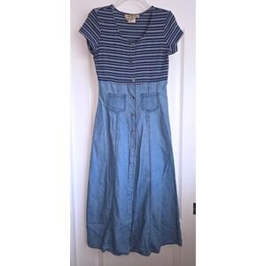 VTG Tickets Clothing Striped‎ Denim Maxi Dress Blue 90s Mixed Media Sz L Boho